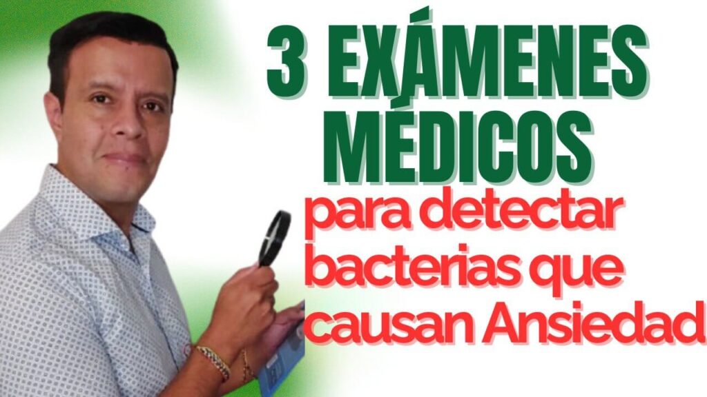"3 exámenes médicos para detectar bacterias que causan ansiedad. Imagen de un psicólogo sosteniendo un bolígrafo y apuntando hacia un libro, con fondo verde degradado."