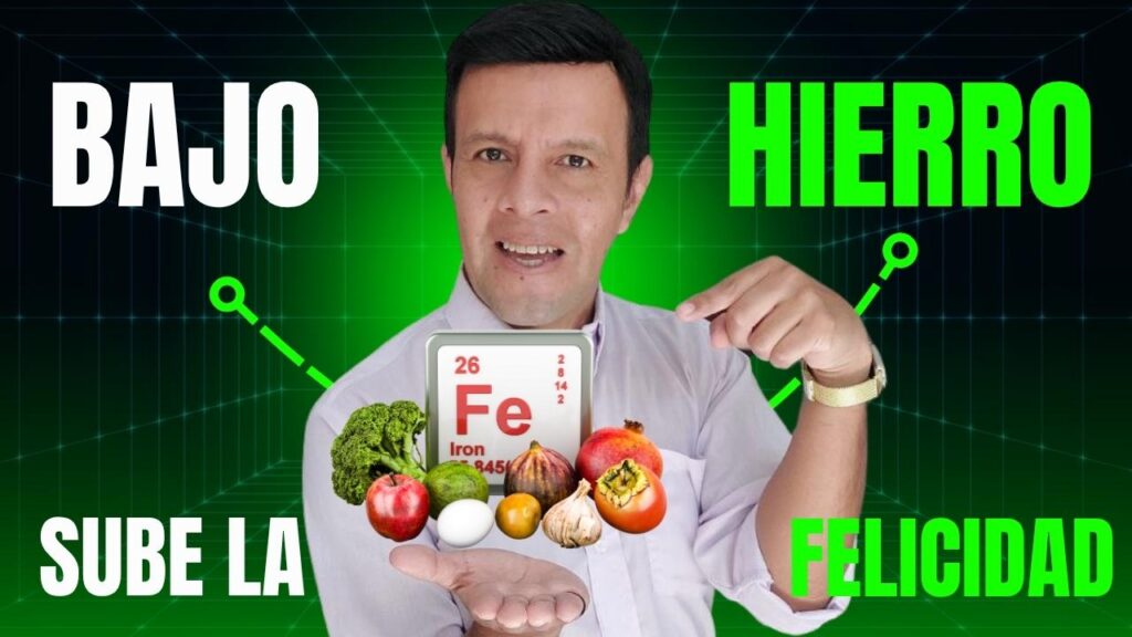 Psicólogo Nelson Arturo señalando alimentos como brócoli, huevo, ajo y granada, junto al símbolo del hierro (Fe), con el texto “Bajo hierro sube la felicidad”, sobre un fondo verde digital.