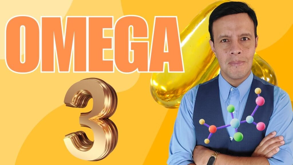 Nelson Arturo junto a una cápsula de omega 3 y una ilustración molecular, en una miniatura sobre omega 3 para la ansiedad